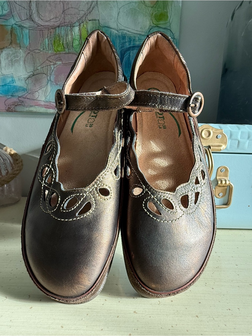 Naot Bronze Metallic Leather Mary Jane Shoes EU 39 NWOT Comfort Wedge
